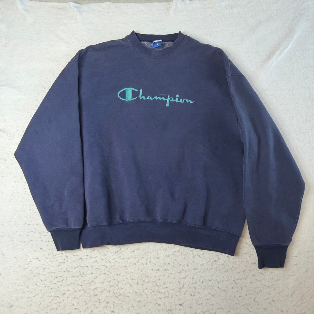 Champion Sweatshirt Mens XL Blue Script Logo Embroidered Made‎ In USA Vintage